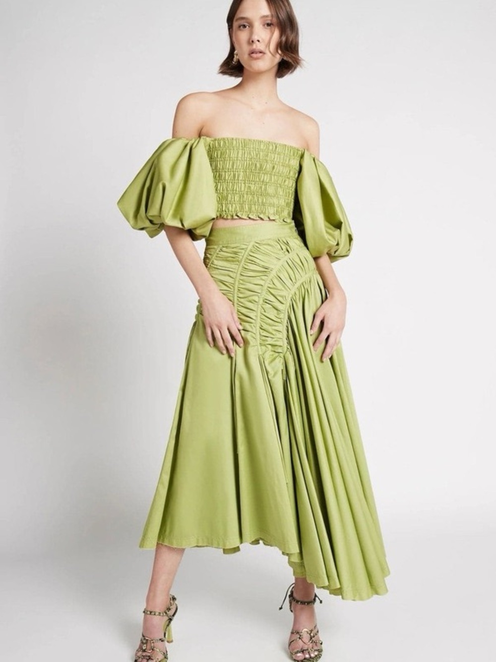 Ina Lime Green Off-Shoulder Smocked Midi Skirt Set